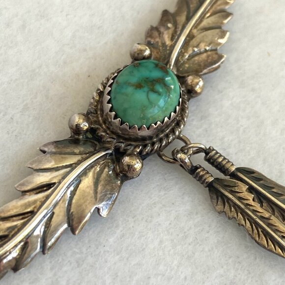 VTG Sterling Silver 925 H. Spencer Navajo Turquoise Leaf Feather Necklace 20.5" - Picture 7 of 16